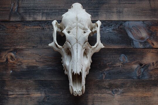realistic wolf skull on wooden table