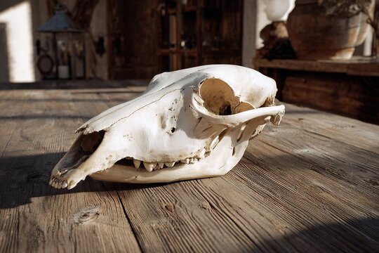 realistic wolf skull on wooden table