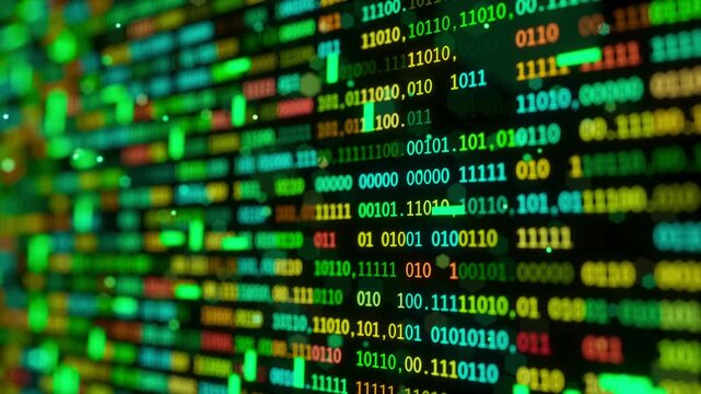Looping 3D animation featuring glowing multicolor binary numbers and flowing digital data. Perfect for programming, big data, software, fintech, and cyber technology themes.