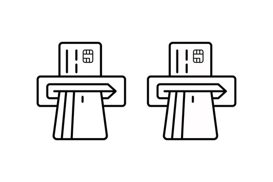 Two credit cards being inserted into card reader terminals isolated on a white background