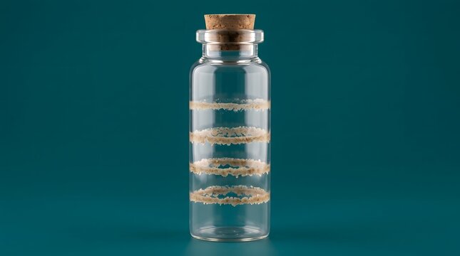 A minimalist clear glass bottle with a cork stopper containing horizontal rings of sand, representing layers of time or memories, isolated against a dark teal background.
