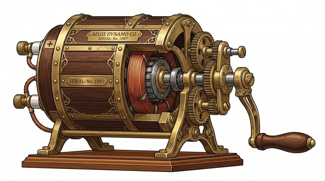 A compact steampunk hand-cranked dynamo, cylindrical wooden and brass body, exposed copper coils, small gears, metal axle and crank handle, vintage industrial engineering aesthetic.