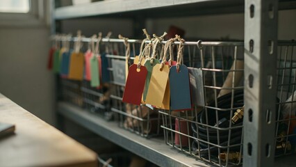 Fototapeta premium Organized storage shelves with colorful hanging tags and assorted tools and supplies