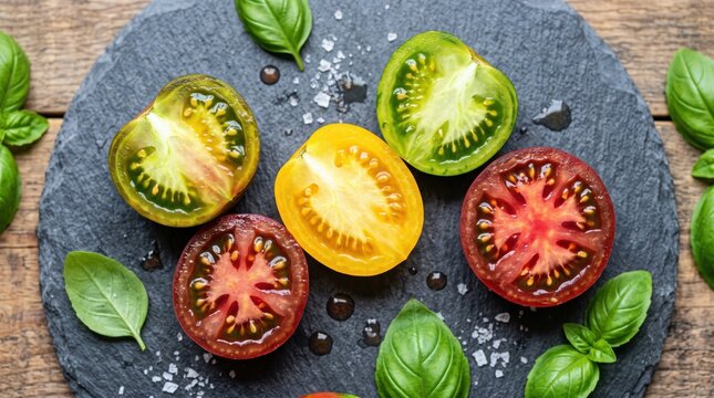 Organic market pick of sliced heirloom tomatoes with green basil leaf on black stone plate. Fresh raw vegetables for healthy food salad preparation. Natural farm harvest produce.