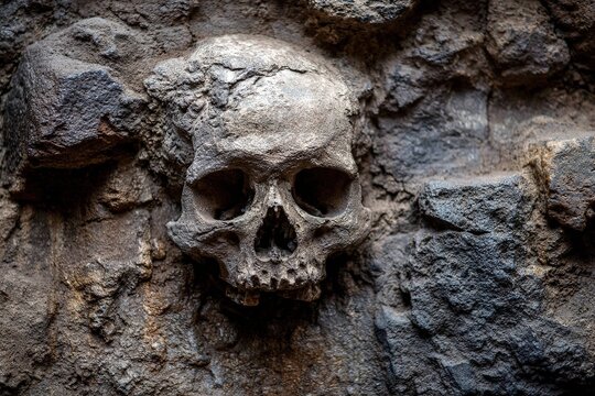 ancient skull fossil embedded in cave wall