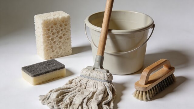 Cleaning supplies arranged on bright white surface featuring bucket mop sponge scrub brush wooden handle household maintenance tools Natural sunlight creates crisp shadows highlighting textures fibers
