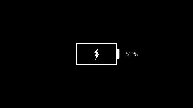 battery charging icon animation with progress bar and percentage counter on black background.
