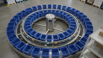 Fototapeta premium Circular conveyor system with blue bins in a warehouse setting