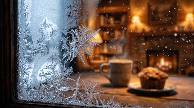 Steaming cup of coffee and muffin on table by frosty window. Cozy winter morning breakfast scene with glowing fireplace in background. Seasonal festive home atmosphere during holidays.