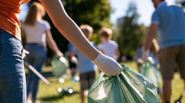 rear view of volunteers and families cleaning up litter together in a bright sunny park, backs to camera, community cleanup concept, teamwork, sustainability, family, environment,