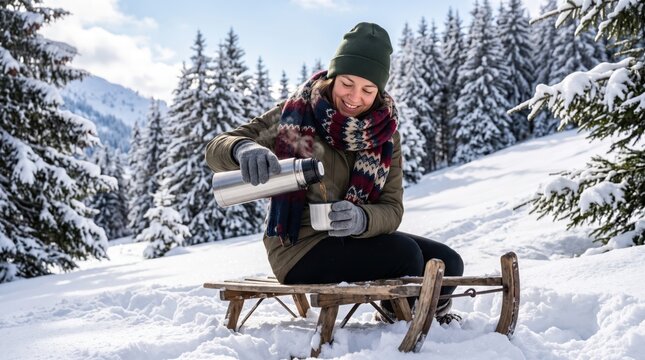 Woman sitting on wooden sled in snowy forest pouring hot tea from thermos into cup. Relaxing winter holiday activity in mountain.