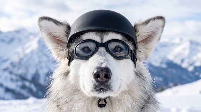 Alaskan Malamute dog wearing a black safety helmet and protective ski goggles in snowy mountain landscape. Outdoor winter recreation, pet travel and adventure activity in snow resort.