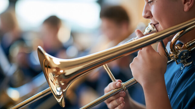 rear view of teenage boys playing trombone in a bright classroom with a music instructor, backs to camera, music education concept, teamwork, arts, school, learning, modern,