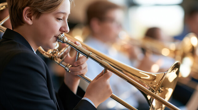 rear view of teenage boys playing trombone in a bright classroom with a music instructor, backs to camera, music education concept, teamwork, arts, school, learning, modern,