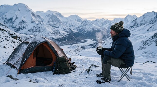 Man sitting on folding stool in front of tent drinking hot coffee in snow mountain. Winter expedition. Adventure travel and outdoor camping lifestyle in wilderness.