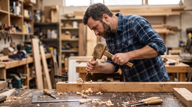 Carpenter working with wood using a chisel and wooden mallet in a workshop. Professional craftsman focusing on precision carving in his furniture studio.