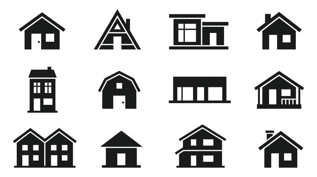Real Estate House, Cabin, and Barn Silhouette Icons Vector Set