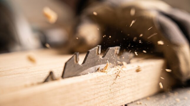 Close-up of a sharp blade shredding wood and creating sawdust. Industrial craftsmanship and woodworking process in a workshop.