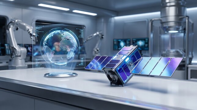 Small satellite model in a modern high tech space research laboratory