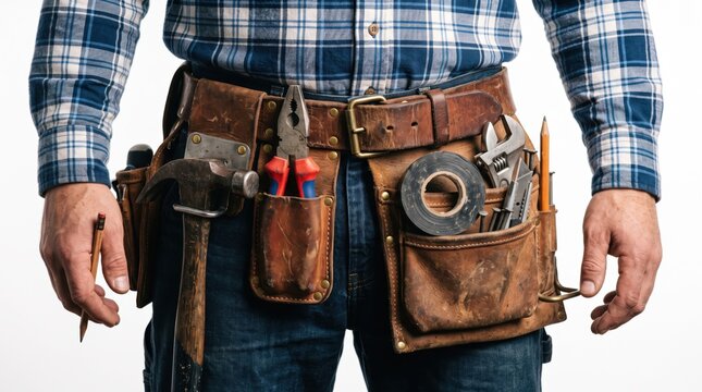 Carpenter wearing a leather tool belt with professional equipment. Craftsman ready for construction or home repair work. Manual labor and building maintenance service concept.