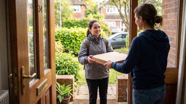 Courier woman delivering pizza box to customer at home front door. Female food delivery worker handing cardboard takeaway package to client.