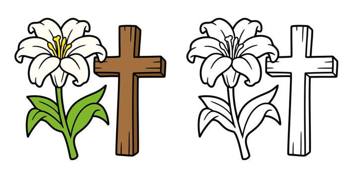 Easter Lily and Wooden Cross Coloring Page and Colored