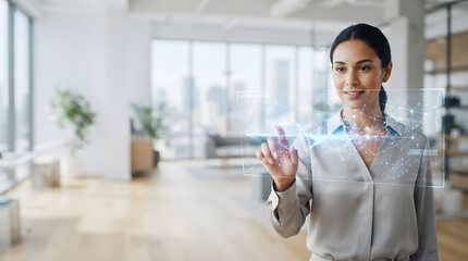 Fototapeta premium Professional Businesswoman Interacting with Advanced Digital Interface in a Modern Corporate Office Environment