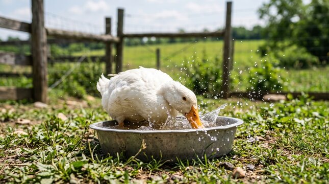 White duck splashing in a metal water basin on a sunny farm. Animal drinking and bathing outdoors. Poultry lifestyle in the countryside.