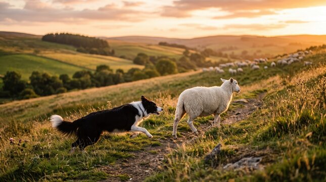 Border collie herding sheep on a hillside at sunset. Working farm dog guiding livestock in a rural meadow. Agricultural livestock management, pastoral landscape, farming industry concept.