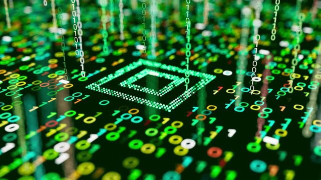 Loop 3D animation featuring a futuristic processor surrounded by multicolor binary numbers and data particles. Perfect for software, networks, fintech, and cyber themes.