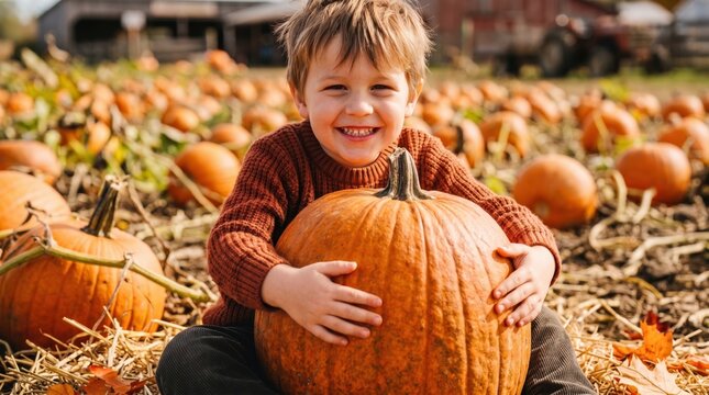 Happy child sitting in pumpkin patch holding large orange pumpkin. Little boy having fun at farm during harvest season.