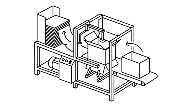 Industrial carton box packaging machine line in schematic illustration