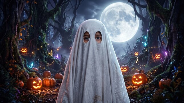 Kid wearing white sheet as ghost costume in dark forest with glowing carved pumpkins. Spooky holiday background with mystical atmosphere.