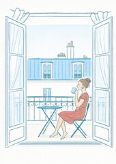 Obraz premium Woman drinking coffee on a balcony overlooking the city, watercolor illustration 