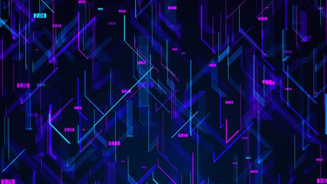 An abstract visualization of digital data with neon lines and numeric markers against a dark background. The illustration conveys the dynamics of technology, financial metrics, and big data processing