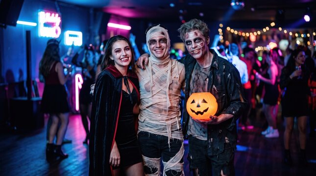 Woman vampire, man mummy and man zombie posing with pumpkin lantern at Halloween party. Friends in spooky costume celebrate holiday in nightclub. Nightlife and festive event concept.
