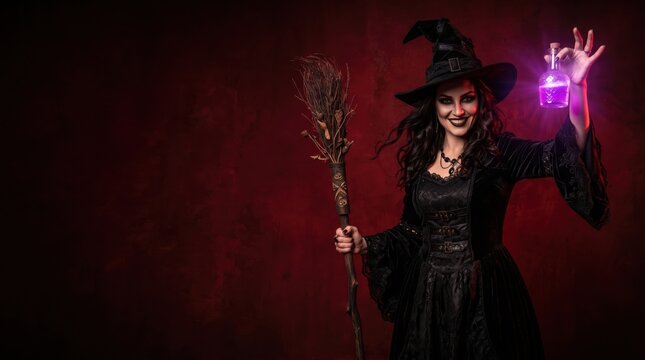 Witch holding glowing potion bottle and broomstick against dark red background.