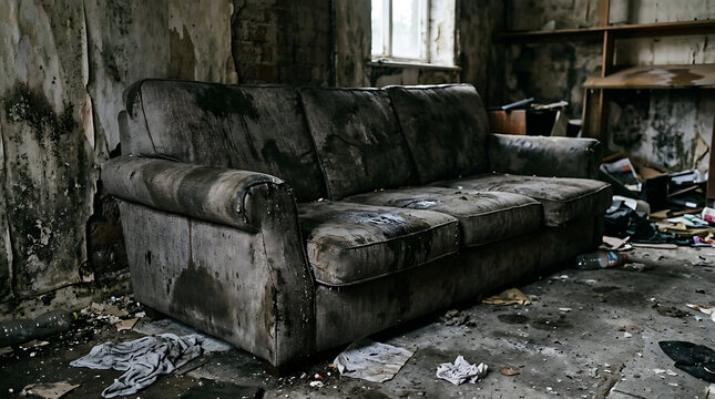 Abandoned old sofa in a derelict room with decaying walls and debris.