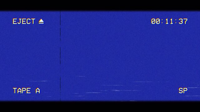 Blue VHS Playback Screen with Analog Noise, Scanlines and Eject Indicator. VHS Tape Reject Overlay with Blue Static and Tracking Screen. VCR Playback Screen with Scanline, Glitch and Digital Noise