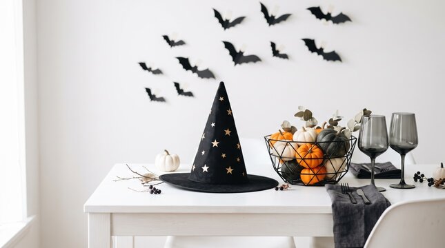 Witch hat with pumpkin centerpiece on dining table for Halloween. Festive table setting with black paper bats on wall for spooky celebration. Autumn holiday home decor concept.