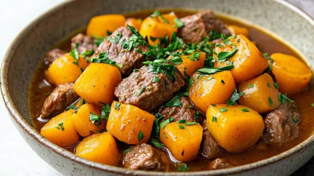selective focus close-up hearty beef stew simmered with parsnips carrots onions tender beef deep flavorful broth rustic ceramic bowl