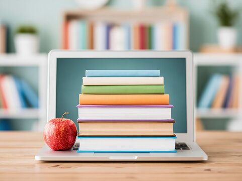 A stack of colorful books placed on a laptop with an apple beside it, set in an office interior with a blurry background, symbolizing online learning.