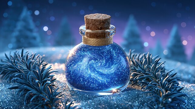 Magical blue potion in a glass bottle with cork, surrounded by frost and pine needles in a winter forest at night.