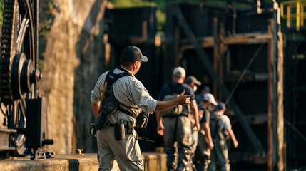 Fototapeta premium A fishing guide leads a group of early-morning anglers through an industrial canal lock, group dynamic showing the guide gesturing toward water as participants in waders follow along the concrete lo