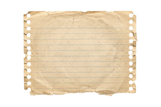 Vintage aged piece of torn lined paper with hole punches for historical note taking projects.
