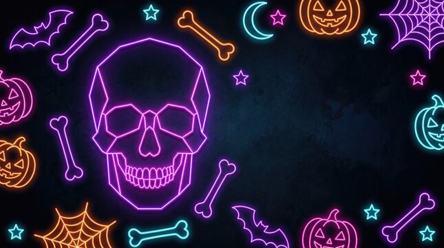 Vibrant neon halloween background featuring glowing skull jack o lanterns bats with displays dark textured background illuminated colorful neon outlines geometric skull