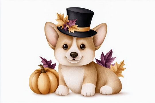Corgi dog cute craft hand drawn fancy hat pumpkin cute corgi dog with fancy hat, autumn leaf, and pumpkin