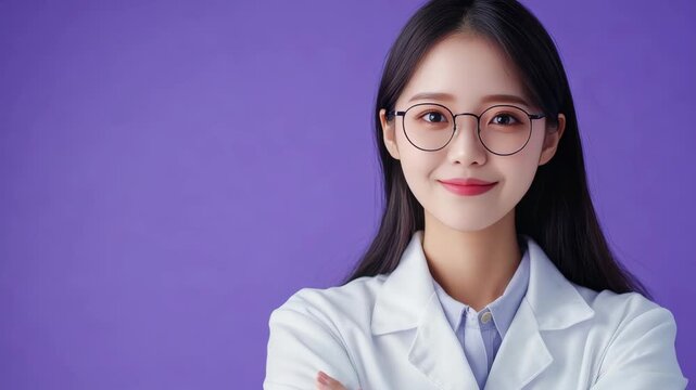A cheerful Asian female scientist or doctor wearing a white lab coat and eyeglasses, posing with a smile against a purple background.