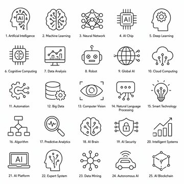 Set of twenty five data science and technology line icons for business