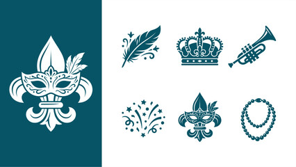 Mardi Gras and Carnival Icon Set Featuring Fleur de Lis Mask Crown Trumpet and Beads. Flat vector illustration. © Muchib R.